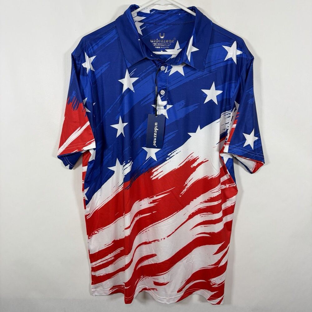 Uideazone Golf Polo Shirt Mens Size Large USA Flag AOP Performance Stretch NWT